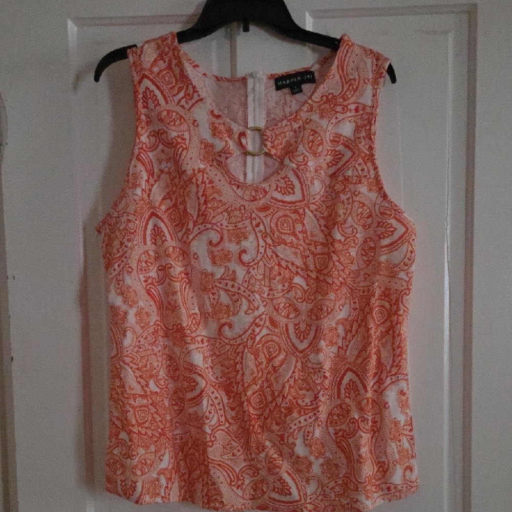Chaps Sleeveless Linen Blouse with Orange Paisley Design